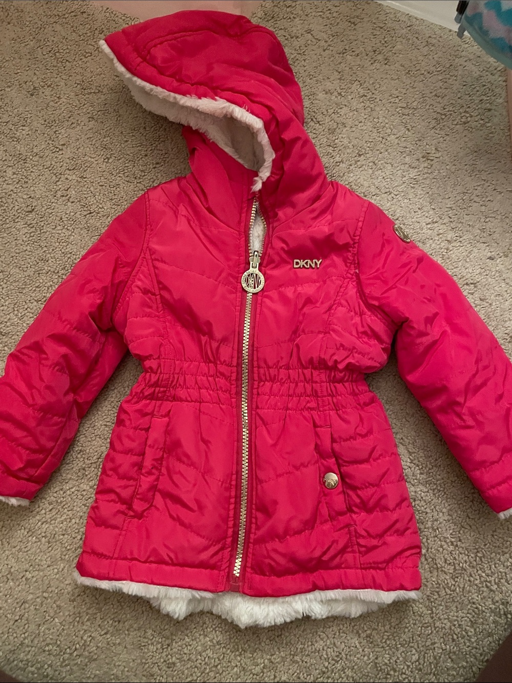 DKNY Girls' Bright Pink Reversible Hooded Quilted Puffer Coat
